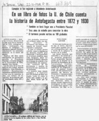 En un libro de fotos la U. de Chile cuenta la historia de Antofagasta entre 1872 y 1930.  [artículo]