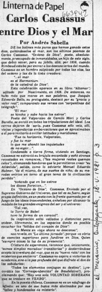 Carlos Casassus entre Dios y el mar  [artículo] Andrés Sabella.