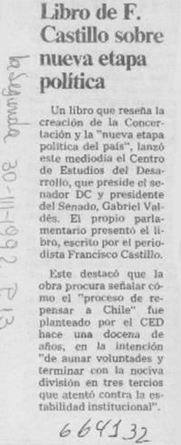 Libro de F. Castillo sobre nueva etapa política.