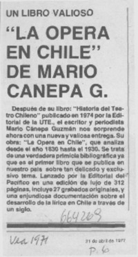 La ópera en Chile" de Mario de Cánepa G.