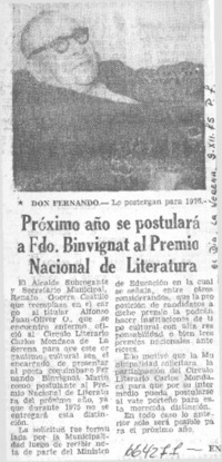 Próximo año se postulará a Fdo. Binvignat al Premio Nacional de Literatura.