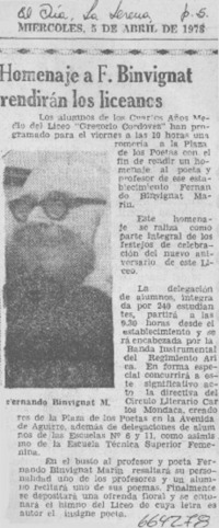 Homenaje a Fdo. Binvignat rendirán los liceanos.