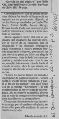 Gorrión de piel adentro"  [artículo] Alberto Arraño.