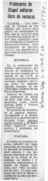 Profesores de Illapel editaron libro de lecturas.  [artículo]