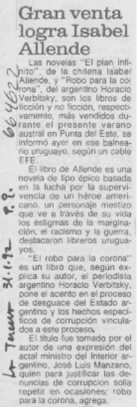 Gran venta logra Isabel Allende.