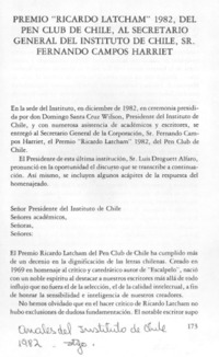 Premio "Ricardo Latcham" 1982, del Pen Club de Chile, al Secretario General del Instituto de Chile, Sr. Fernando Campos Harriet.