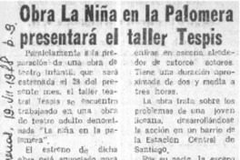 Obra La niña en la palomera presentará el taller Tespis.  [artículo]