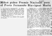 Niños piden Premio Nacional para el poeta Fernando Binvignat Marín.  [artículo]