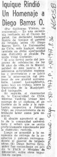 Iquique rindió un homenaje a Diego Barros O.  [artículo]