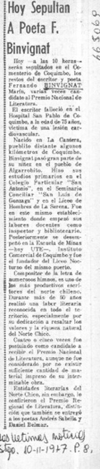 Hoy sepultan a poeta F. Binvignat.  [artículo]