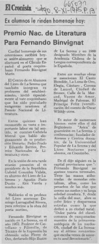 Premio Nac. de Literatura para Fernando Binvignat.  [artículo]