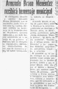 Armando Braun Menéndez recibirá homenaje municipal.  [artículo]