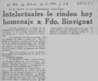 Intelectuales le rinden hoy homenaje a Fdo. Binvignat.  [artículo]