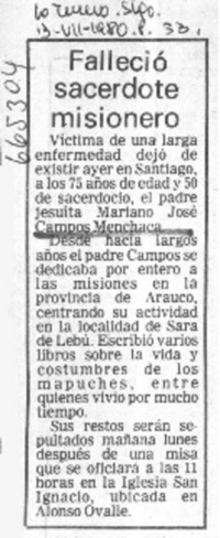 Falleció sacerdote misionero.  [artículo]