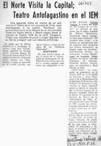 El Norte visita la capital; teatro antofagastino en el IEM.  [artículo]