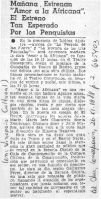 Mañana estrenan "Amor a la africana", el estreno tan esperdo por los penquista.  [artículo]