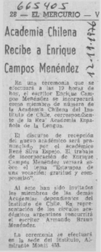 Academia chilena recibe a Enrique Campos Menéndez.  [artículo]