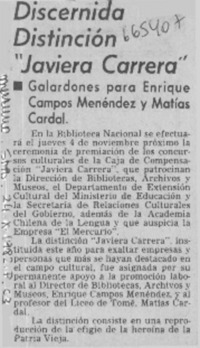 Discernida distinción "Javiera Carrera".  [artículo]