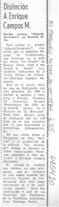 Distincón a Enrique Campos M.