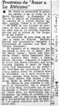 Prestreno de "Amor a la africana".  [artículo]