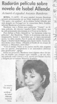 Rodarán película sobre novela de Isabel Allende.