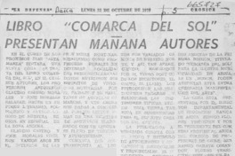 Libro "Comarca del sol" presentan mañana autores.