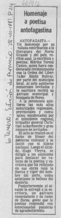 Homenaje a poetisa antofagastina.