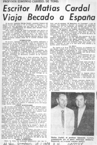 Escritor Matías Cardal viaja becado a España.  [artículo]