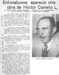 Enhorabuena, apareció otra obra de Héctor Carreño L.  [artículo]