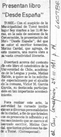 Presentan libro "Desde España".  [artículo]