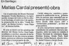 Matías Cardal presentó obra.  [artículo]