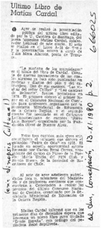 Ultimo libro de Matías Cardal.  [artículo]