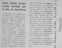 Poeta Matías Cardal vendrá invitado por la Soc. de Escritores.  [artículo]