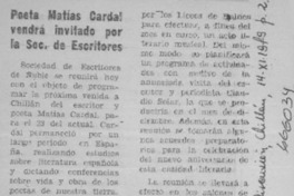 Poeta Matías Cardal vendrá invitado por la Soc. de Escritores.  [artículo]