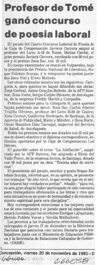 Profesor de Tomé ganó concurso de poesía laboral.  [artículo]