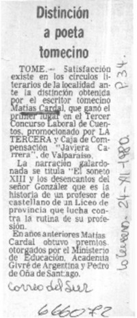 Distinción a poeta tomecino.  [artículo]