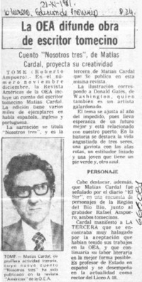 La OEA difunde obra de escritor tomecino.  [artículo]