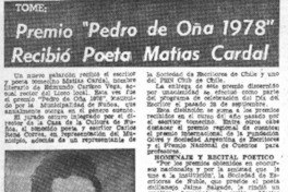 Premio "Premio de Oña 1978" recibió poeta Matías Cardal.  [artículo]