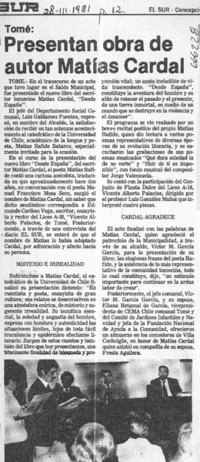 Presentan obra de autor Matías Cardal.  [artículo]