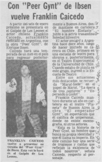 Con "Peer Gynt" de Ibsen vuelve Franklin Caicedo.