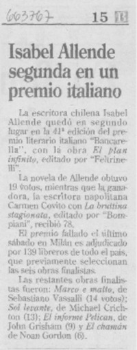 Isabel Allende segunda en un premio italiano.