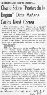 Charla sobre "poetas de la región" dicta mañana Carlos René Correa.  [artículo]
