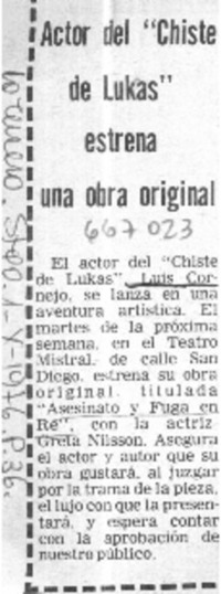 Actor del "chiste de Lukas" estrena una obra original.  [artículo]