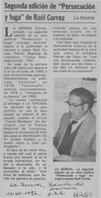Segunda edición de "Persecución y fuga" de Raúl Correa.  [artículo]