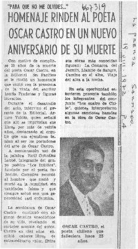 Homenaje rinden al poeta Oscar Castro en un nuevo aniversario de su muerte.  [artículo]