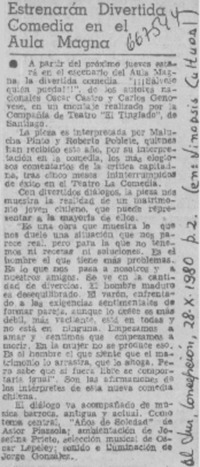 Estrenarán divertida comedia en el aula magna.  [artículo]