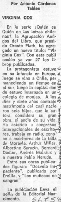 Virginia Cox  [artículo] Antonio Cárdenas Tabies.