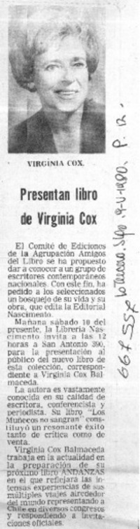 Presenta libro de Virginia Cox.  [artículo]