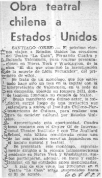 Obra teatral chilena a Estados Unidos.  [artículo]