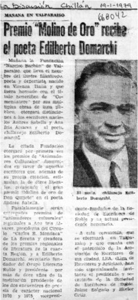 Premio "Molino de Oro" recibe el poeta Edilberto Domarchi.  [artículo]